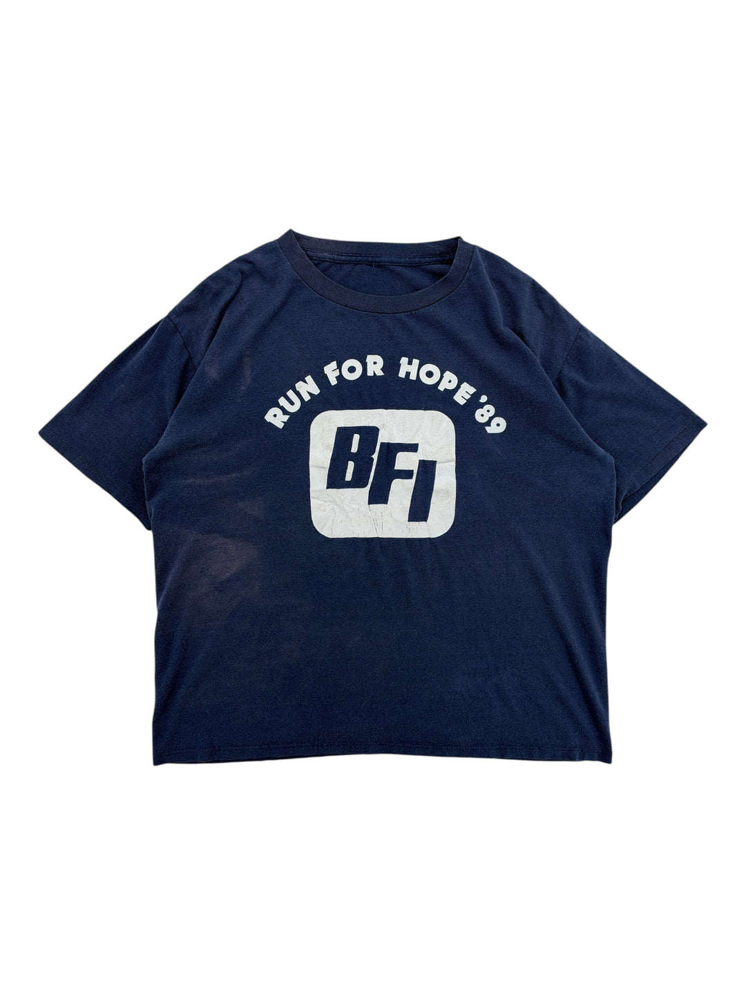 Exile Vintage navy blue 1980s BFI Run For Hope 89 graphic t-shirt with white screen print