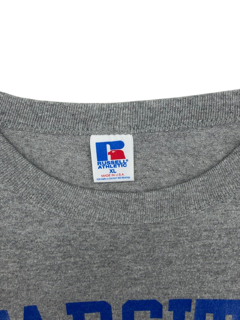 Exile Vintage grey 1990s Russell Athletic U of T varsity t-shirt neck label and collar detail