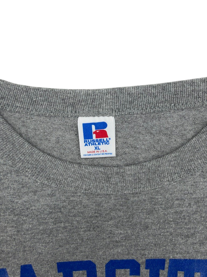 Exile Vintage grey 1990s Russell Athletic U of T varsity t-shirt neck label and collar detail