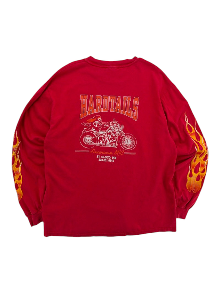 Exile Vintage red long sleeve t-shirt featuring a motorcycle graphic on the back and flame prints on the sleeves.