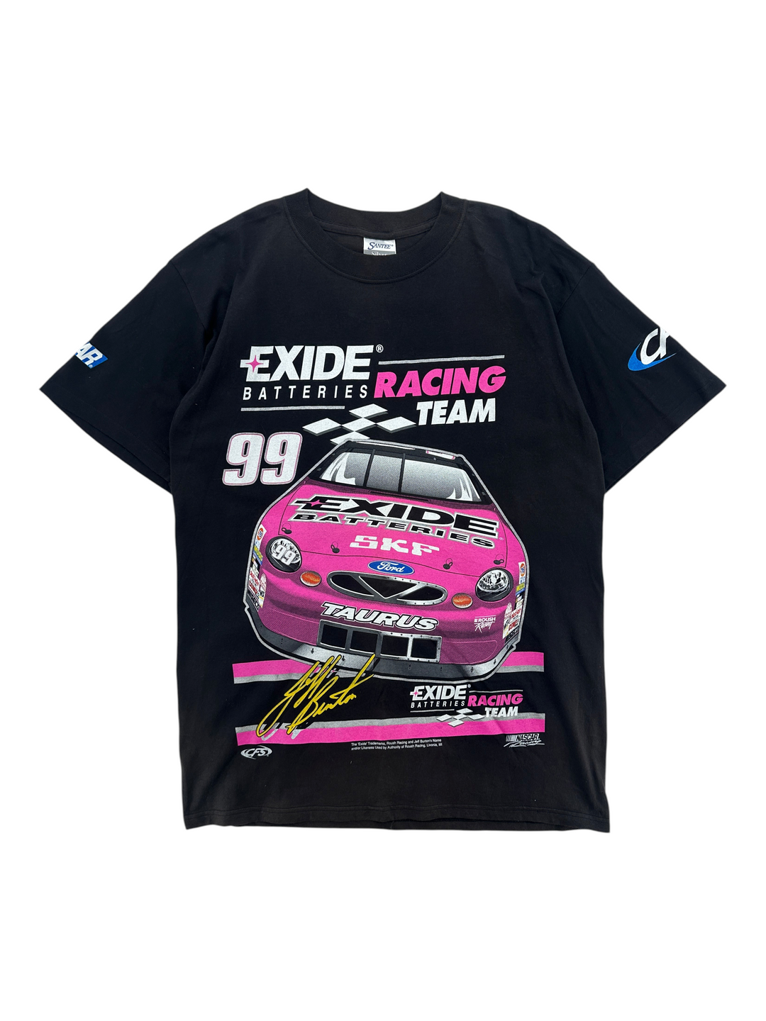 Exile Vintage 1990s Nascar Jeff Burton black cotton t-shirt featuring a pink Exide Batteries race car graphic
