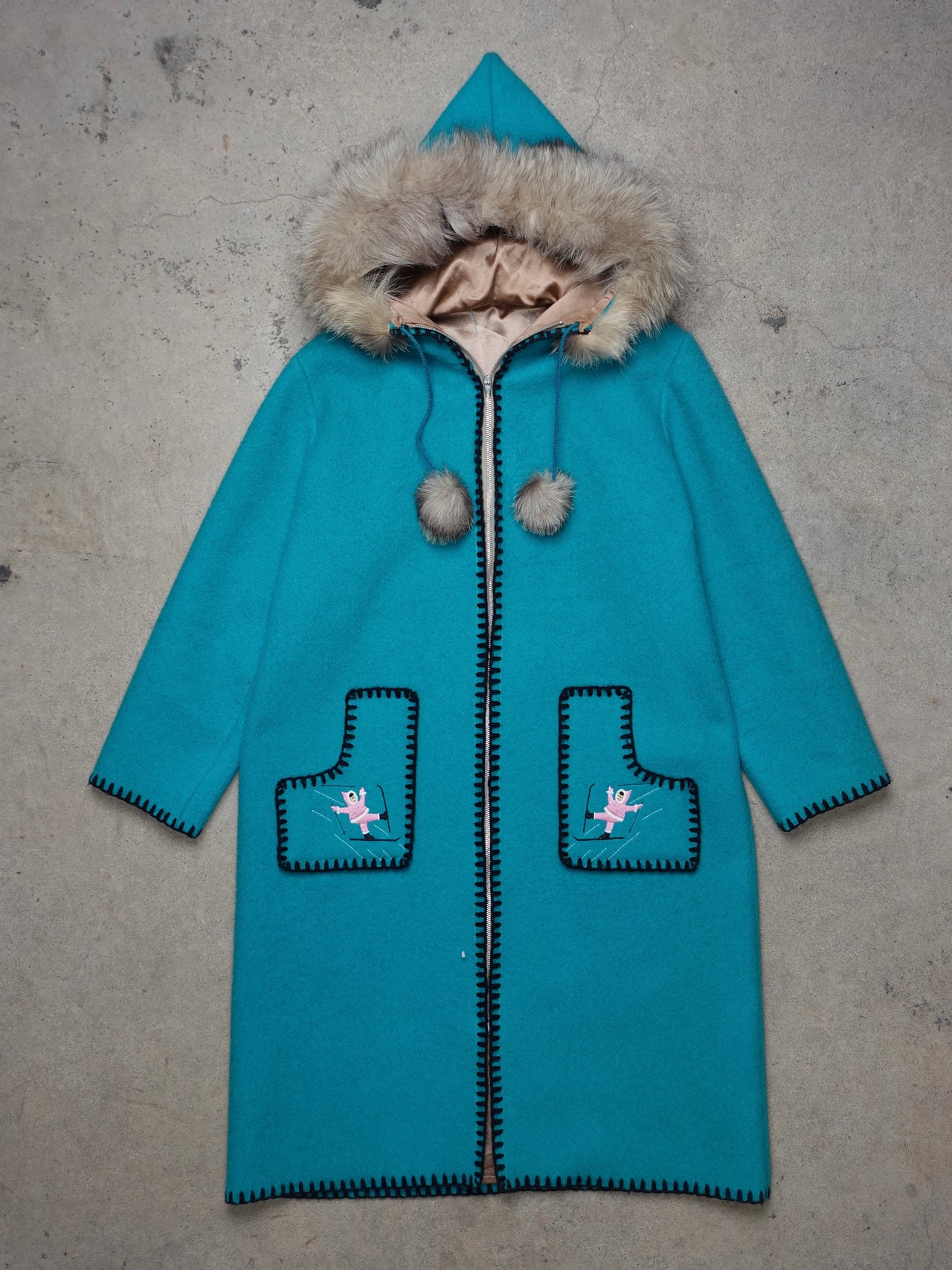 1970S - INUIT WOOL DUFFLE PARKA FUR TRIM COAT