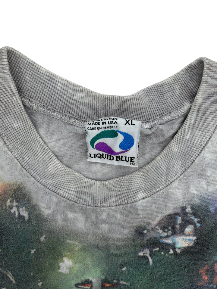 Exile Vintage 1990s Liquid Blue Star Wars Boba Fett t-shirt neck label showing size XL and made in USA tag