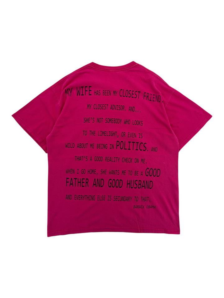 Exile Vintage magenta 2000s Obama quote graphic t-shirt with black text print on the back