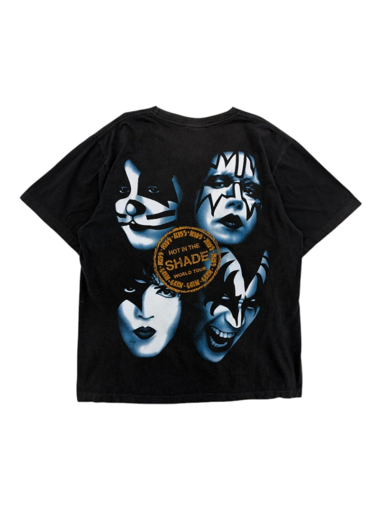 Exile Vintage 1990s KISS Hot In The Shade black graphic t-shirt featuring band member face paint designs
