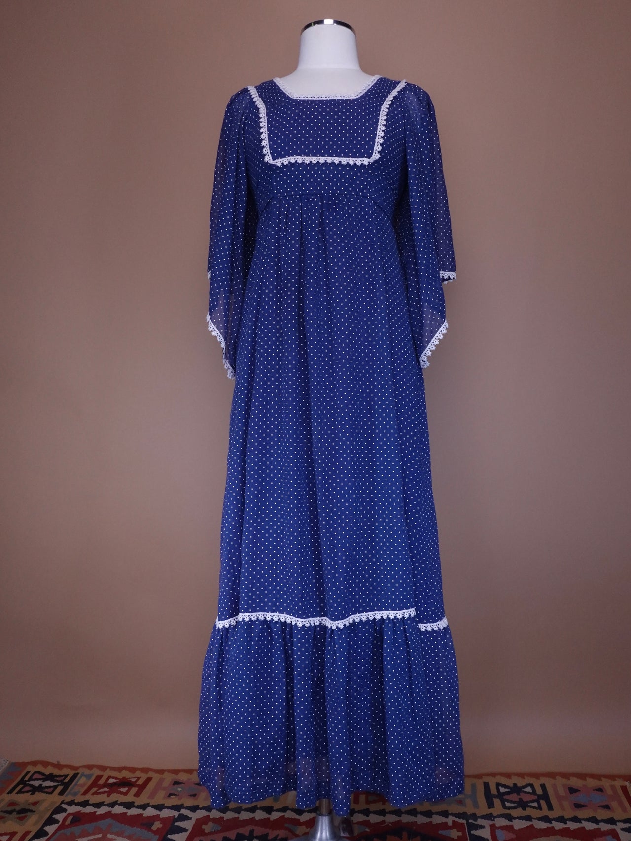 1970S - Lori Ann Navy Blue Swiss Dot Maxi Length Prairie Cotton Dress