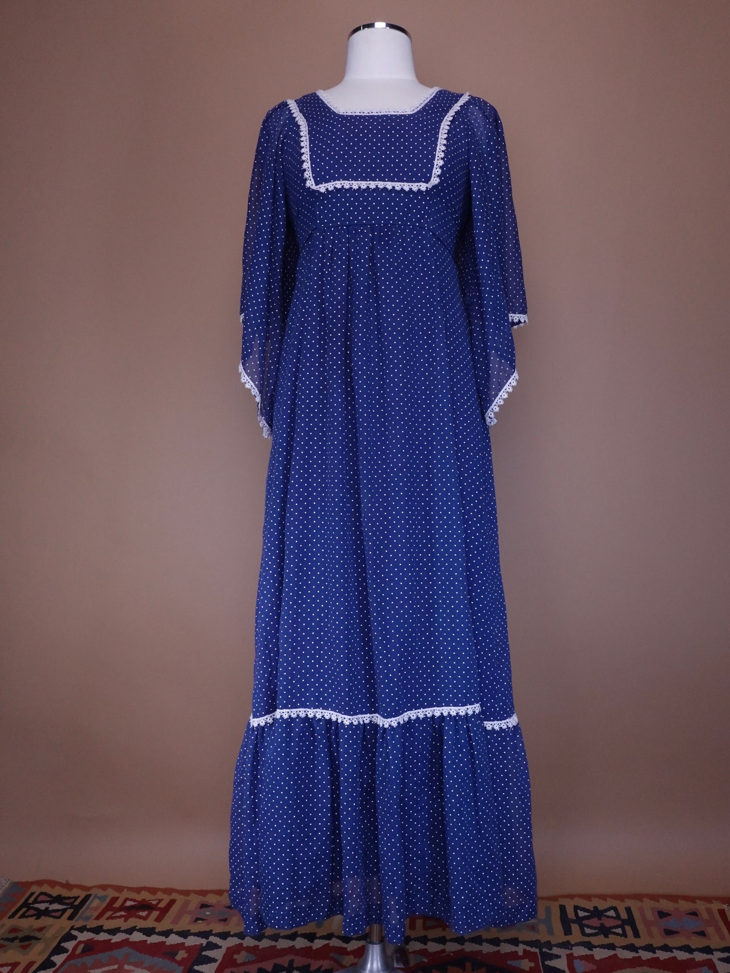 1970S - Lori Ann Navy Blue Swiss Dot Maxi Length Prairie Cotton Dress