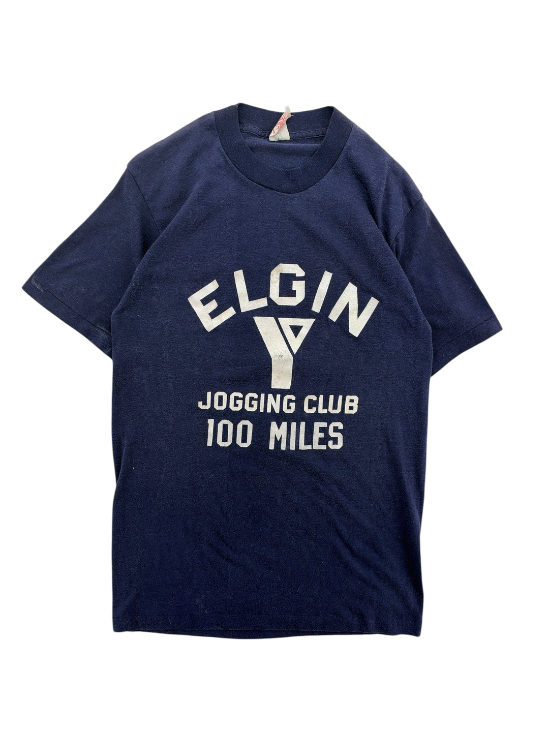 Exile Vintage 1980s navy blue cotton t-shirt with white Elgin Jogging Club 100 Miles graphic print