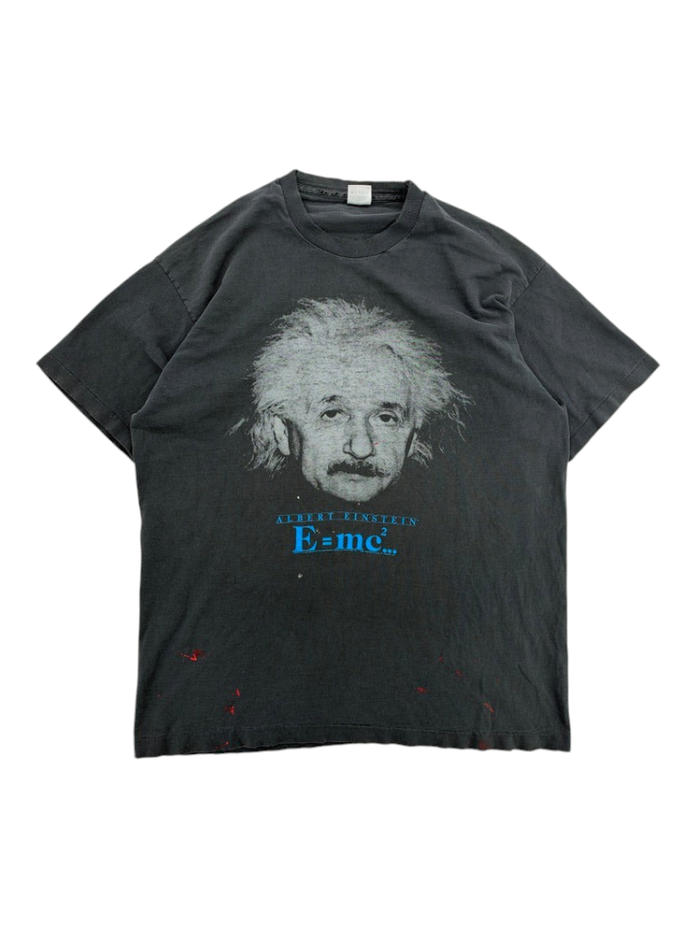 Exile Vintage 1990s black cotton T-shirt featuring a portrait of Albert Einstein and the E=mc2 equation.