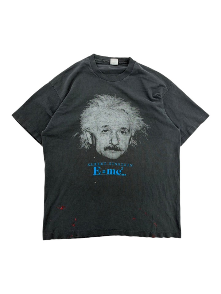 Exile Vintage 1990s black cotton T-shirt featuring a portrait of Albert Einstein and the E=mc2 equation.