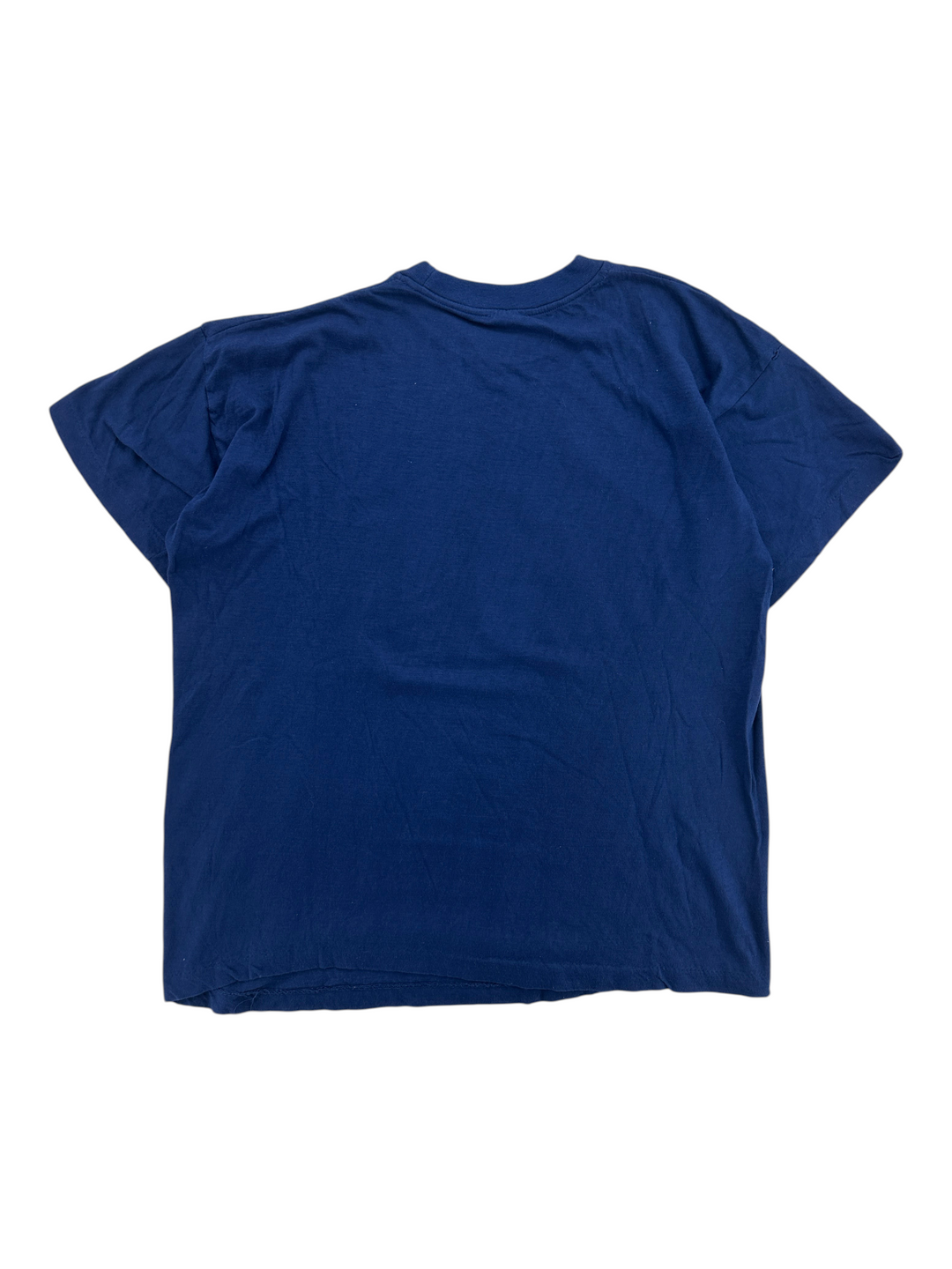 Back view of a plain navy blue 1990s Raffaello T-shirt from Exile Vintage on a white background.