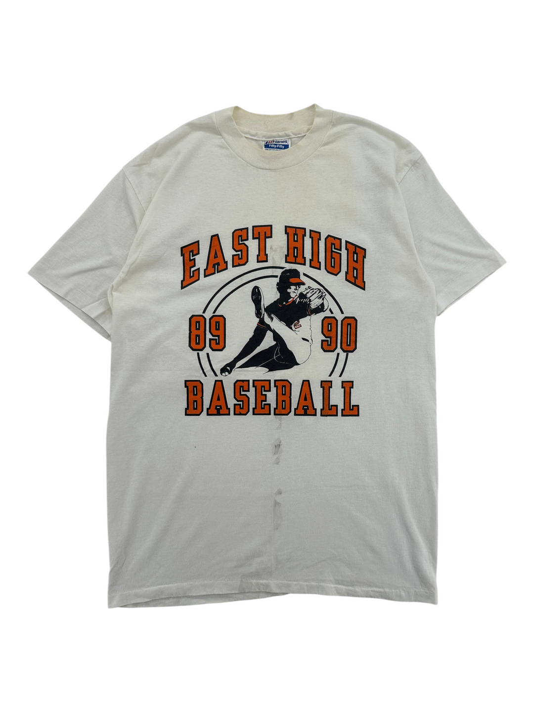 Exile Vintage 1989 East High Baseball graphic t-shirt in off-white with orange and black screen print