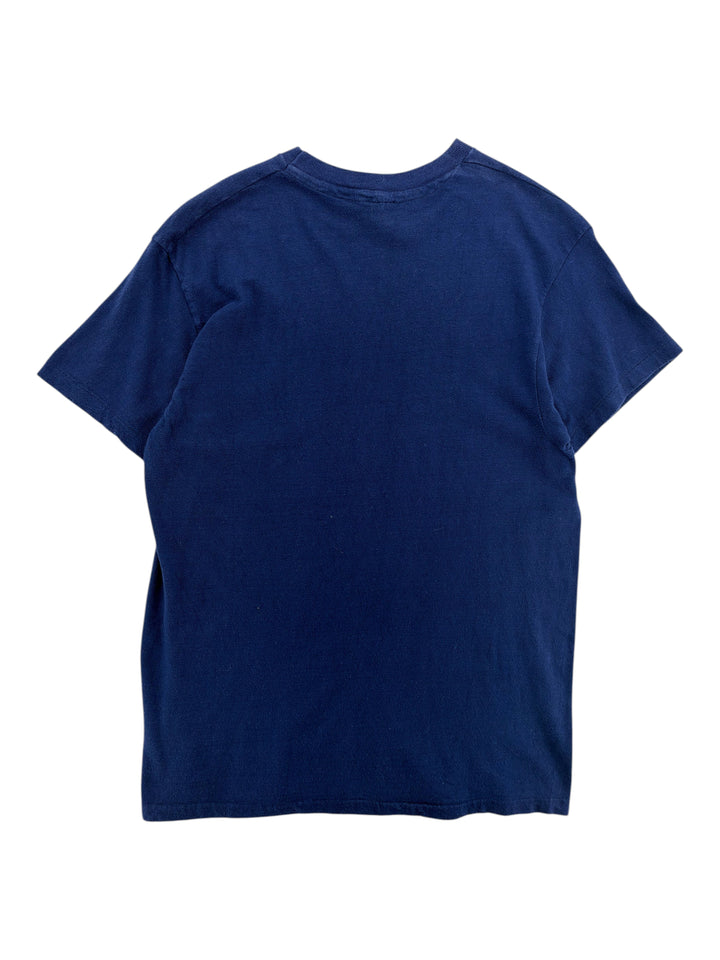 Exile Vintage 1980s navy blue cotton crew neck t-shirt, back view of a plain vintage graphic tee in size medium.