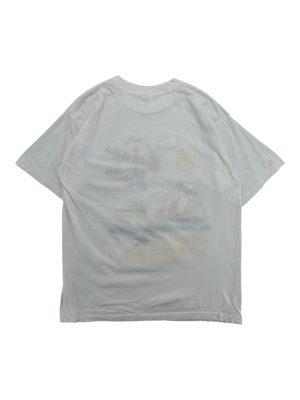 Exile Vintage 1990s white Bahama Mama cat graphic t-shirt, back view showing faded vintage print on cotton fabric.