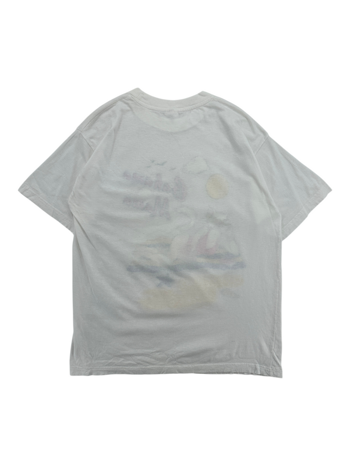 Exile Vintage 1990s white Bahama Mama cat graphic t-shirt, back view showing faded vintage print on cotton fabric.