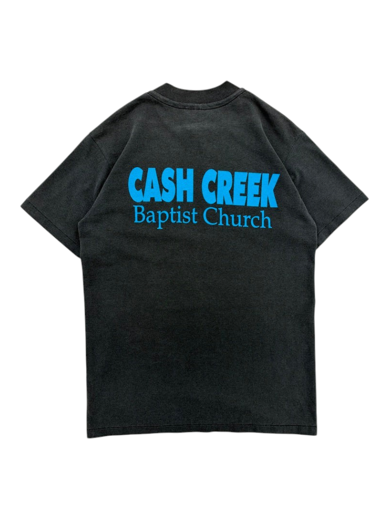 Exile Vintage black 1990s t-shirt with blue Cash Creek Baptist Church graphic on the back
