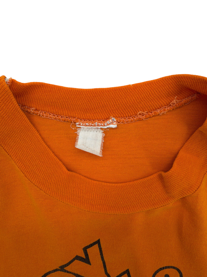 Exile Vintage 1970s Musicland Crosby Stills Nash orange t-shirt collar and vintage tag detail