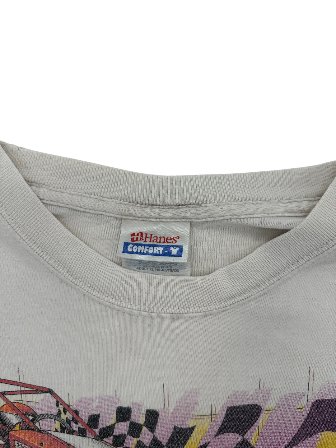 Exile Vintage 2000s Hotline Racing t-shirt featuring a Hanes Comfort tag in size XL on a white cotton fabric