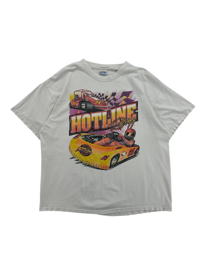 Exile Vintage 2000s Hotline Racing graphic t-shirt in off-white featuring a yellow race car print, size XL.