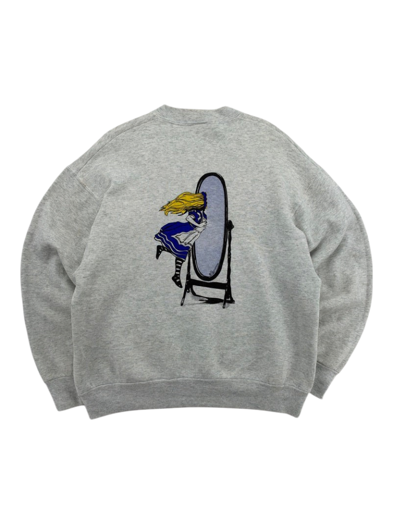 Exile Vintage 1990s grey crewneck sweatshirt featuring an Alice Through The Looking Glass graphic on the back