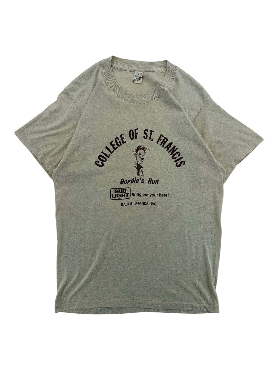 Exile Vintage 1980s beige graphic t-shirt featuring College of St. Francis and Bud Light branding