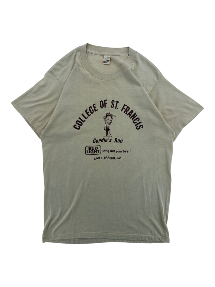 Exile Vintage 1980s beige graphic t-shirt featuring College of St. Francis and Bud Light branding