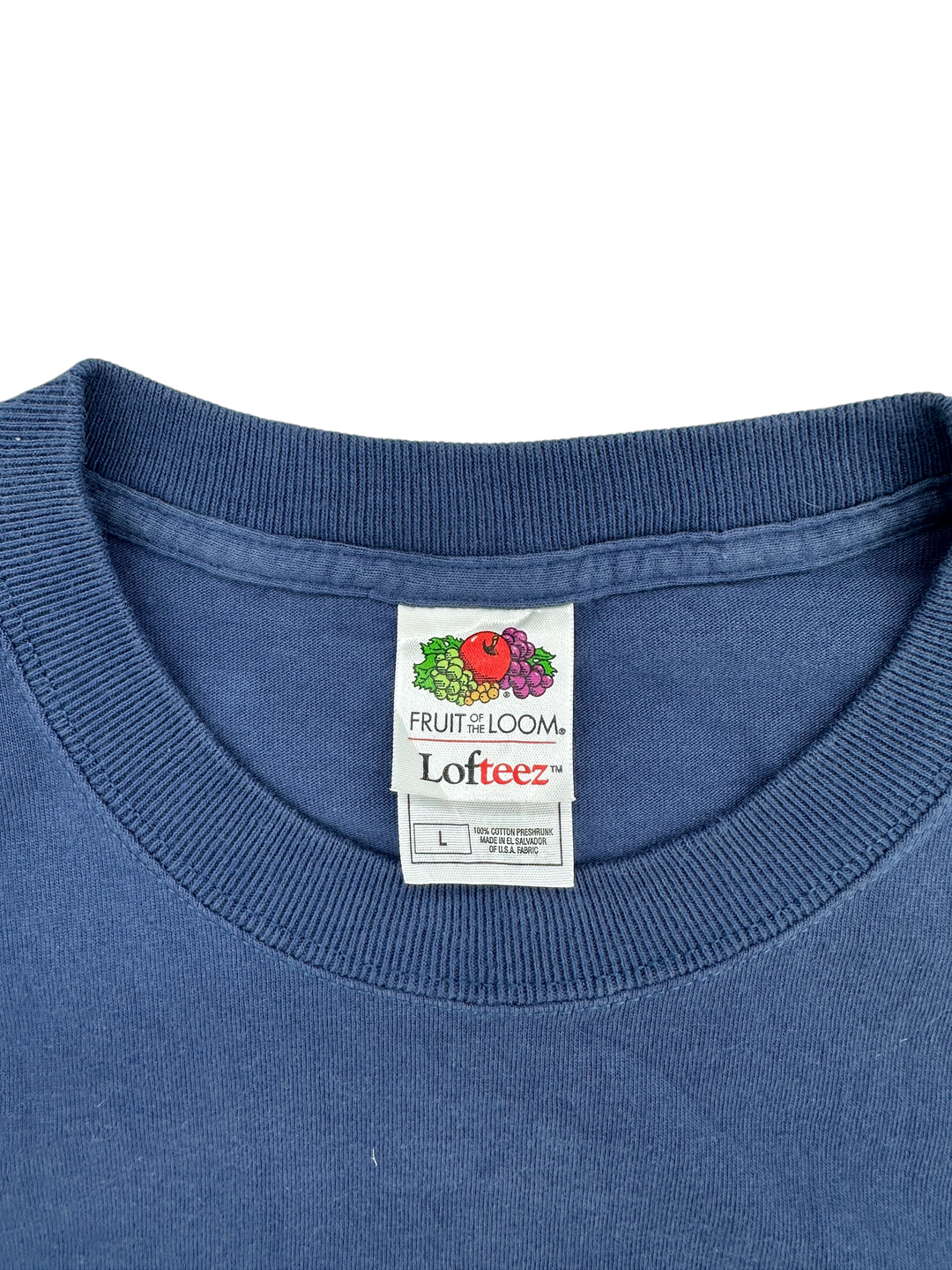Exile Vintage 1990s El Nino T-shirt featuring a blue cotton fabric and a Fruit of the Loom Lofteez size L neck label.