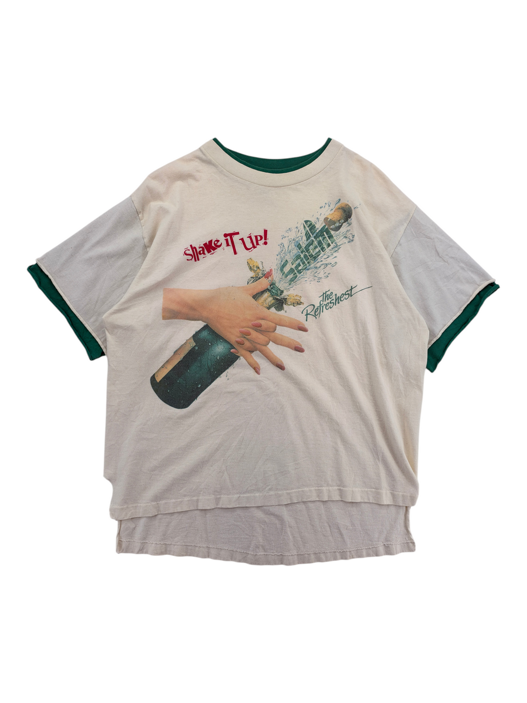 Exile Vintage 1990s cream ringer t-shirt with green trim and Shake It Up graphic print