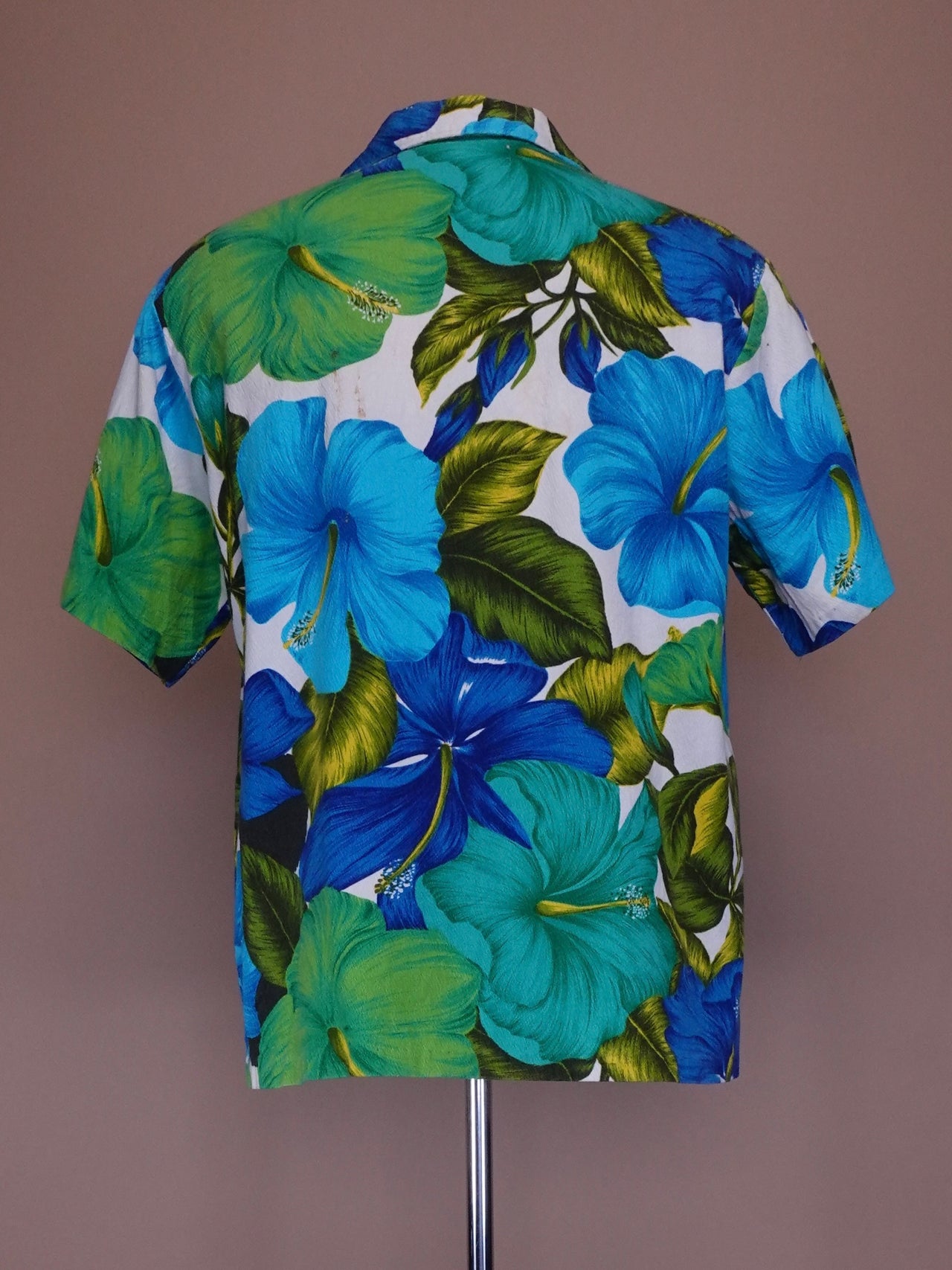 1970s - Pacific Isle Blue Green Bar Cloth Hawaiian Shirt