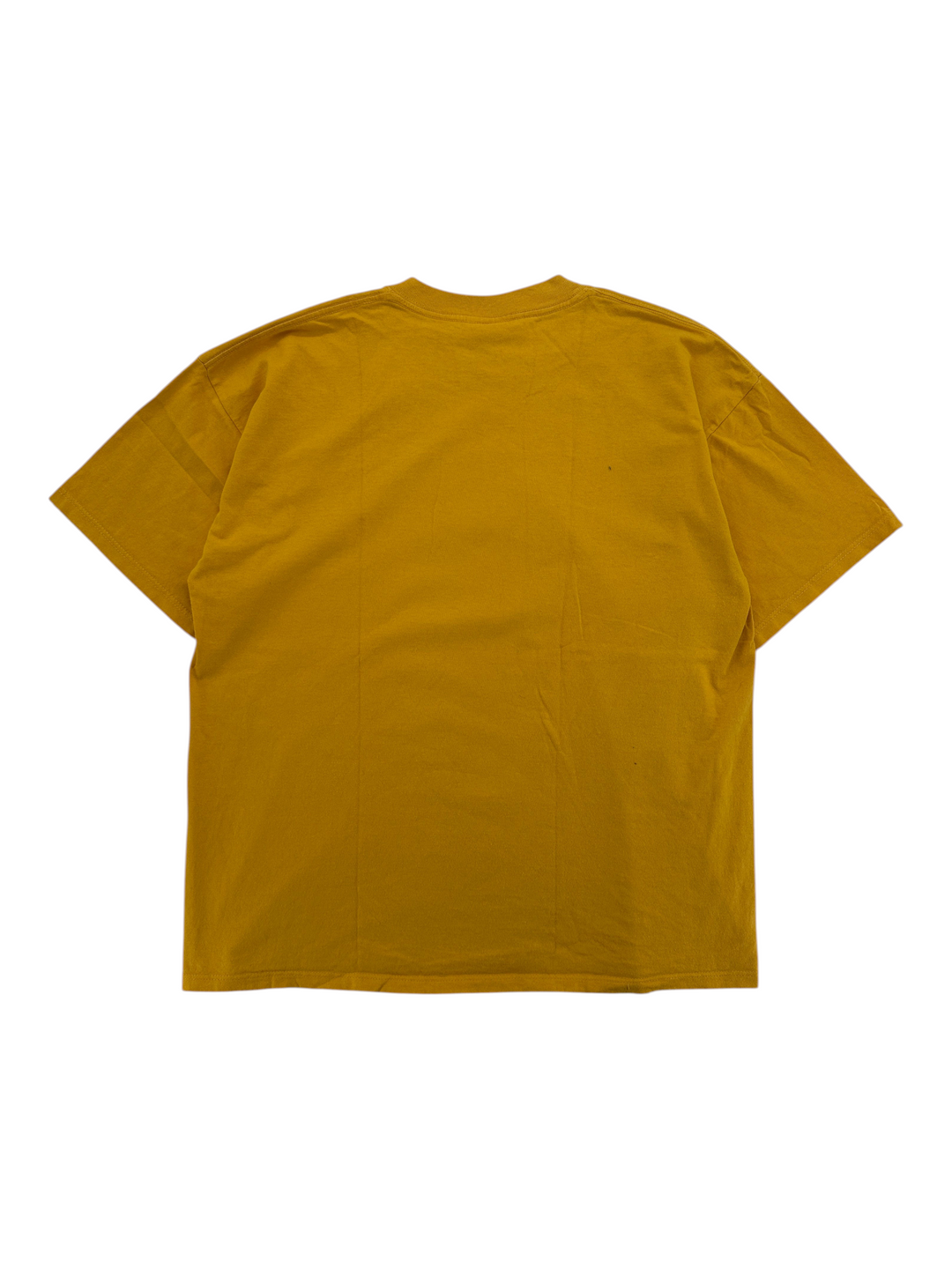 Exile Vintage 1990s mustard yellow cotton t-shirt, back view of a plain XL vintage crewneck tee.
