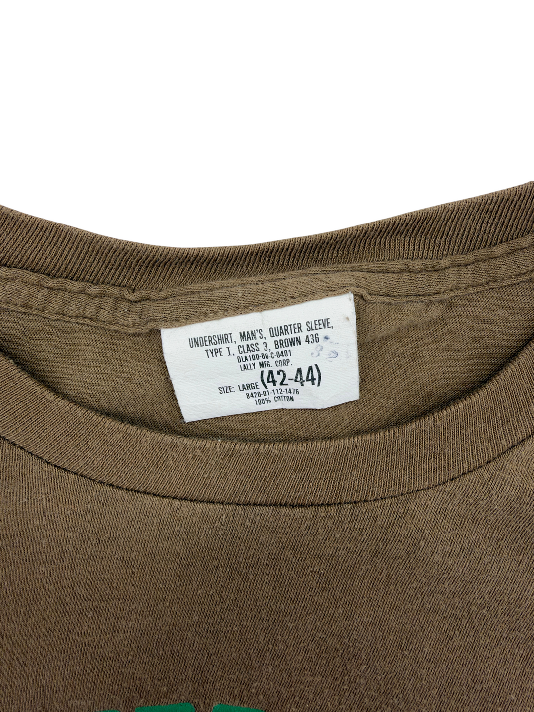 Exile Vintage brown 100% cotton undershirt with military style tag showing size large and Lally Mfg Corp details