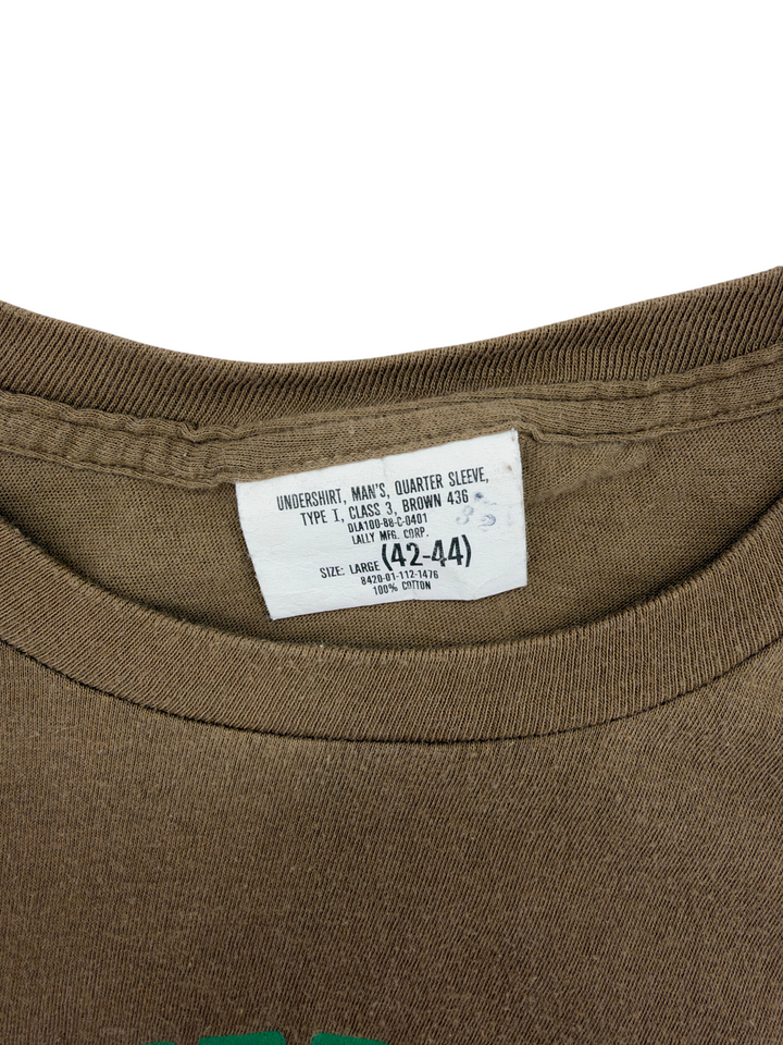 Exile Vintage brown 100% cotton undershirt with military style tag showing size large and Lally Mfg Corp details