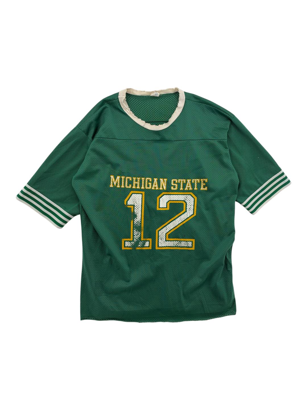 Exile Vintage 1980s Michigan State green mesh football jersey with number 12 and white striped sleeves