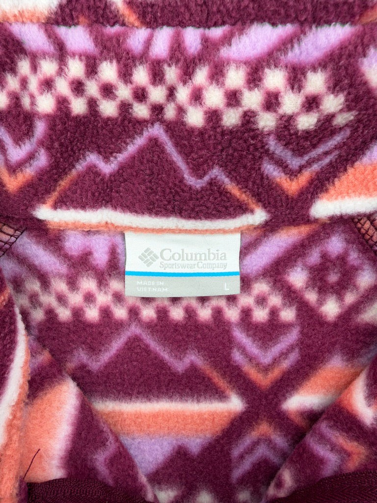 Exile Vintage Columbia Benton fleece jacket featuring a maroon, pink, and orange geometric mountain pattern