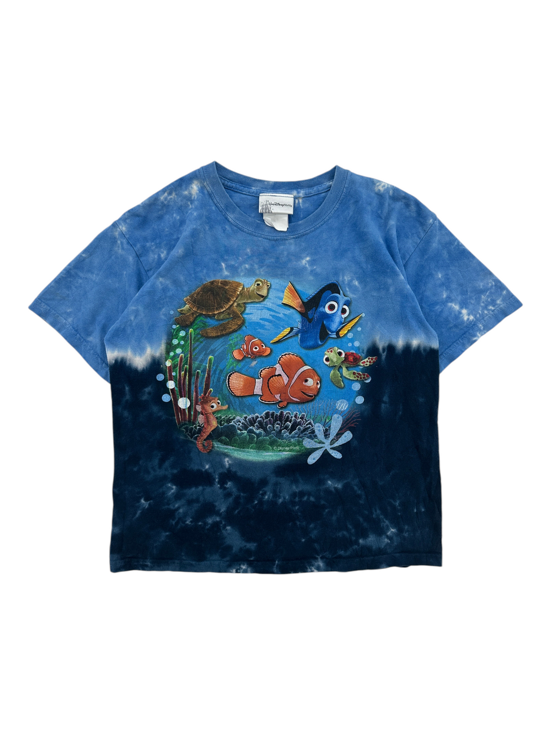 Exile Vintage 2003 Finding Nemo graphic t-shirt in blue tie-dye cotton with characters Dory, Nemo, and Crush.