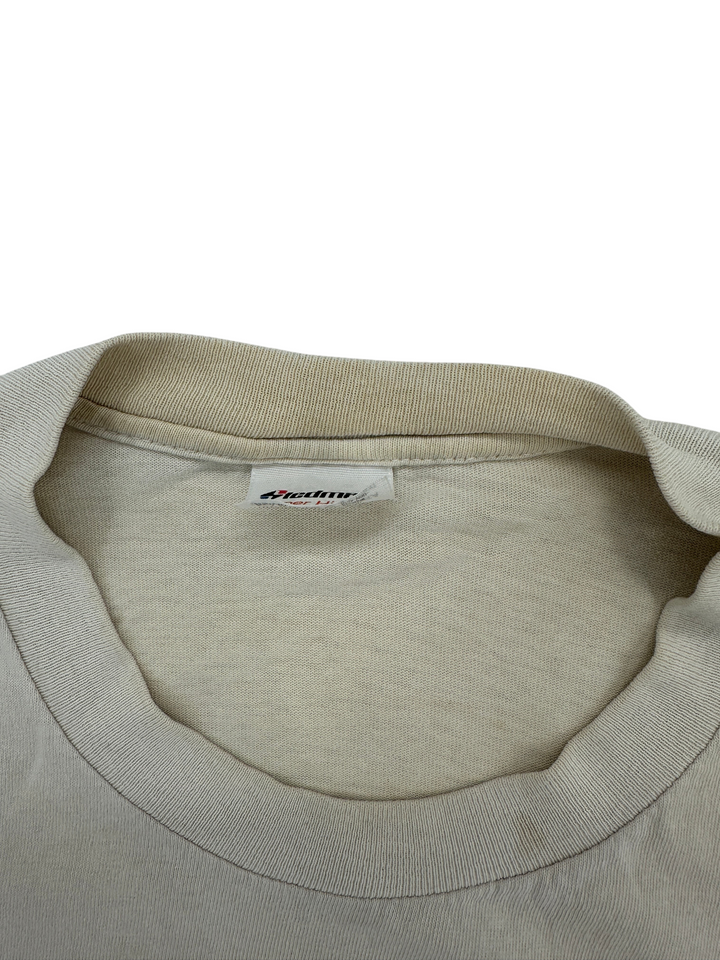 Exile Vintage 1989 Dave Stevens Bettie Page t-shirt collar detail showing cream cotton fabric and inner brand tag