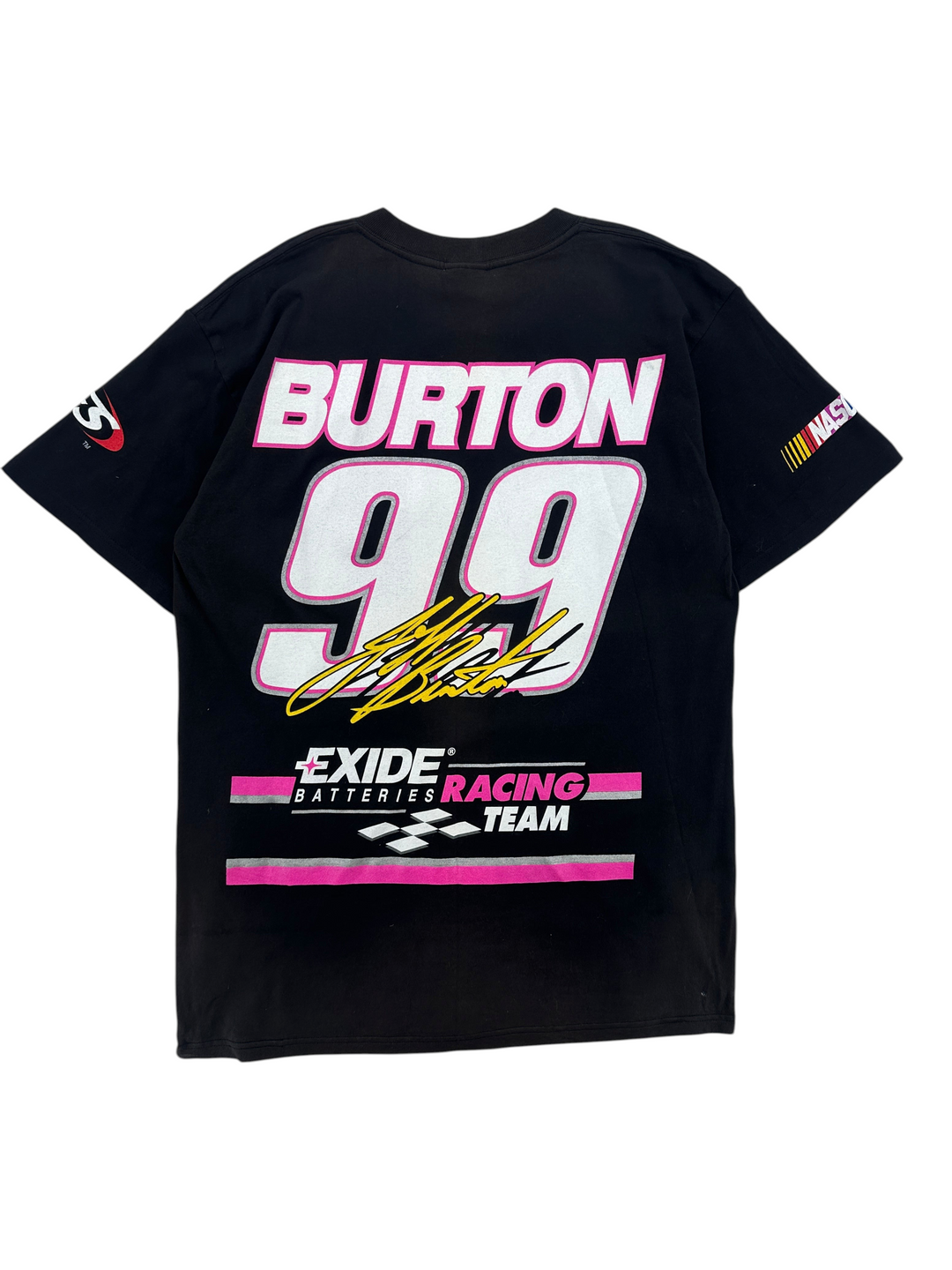 Exile Vintage black 1990s Nascar Jeff Burton racing t-shirt with large number 99 and Exide Batteries graphic on back