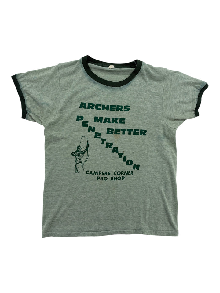 Exile Vintage 1970s green ringer t-shirt with Archers Make Better Penetration graphic print and black trim