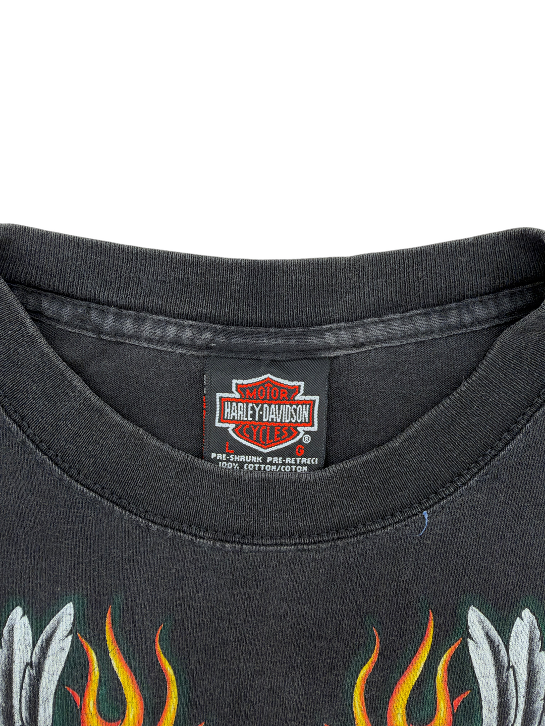 Exile Vintage 1990s Harley Davidson black cotton long sleeve t-shirt neck label and flame graphic detail