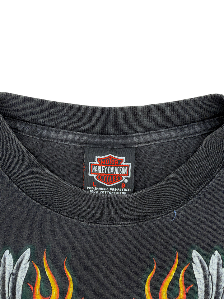 Exile Vintage 1990s Harley Davidson black cotton long sleeve t-shirt neck label and flame graphic detail