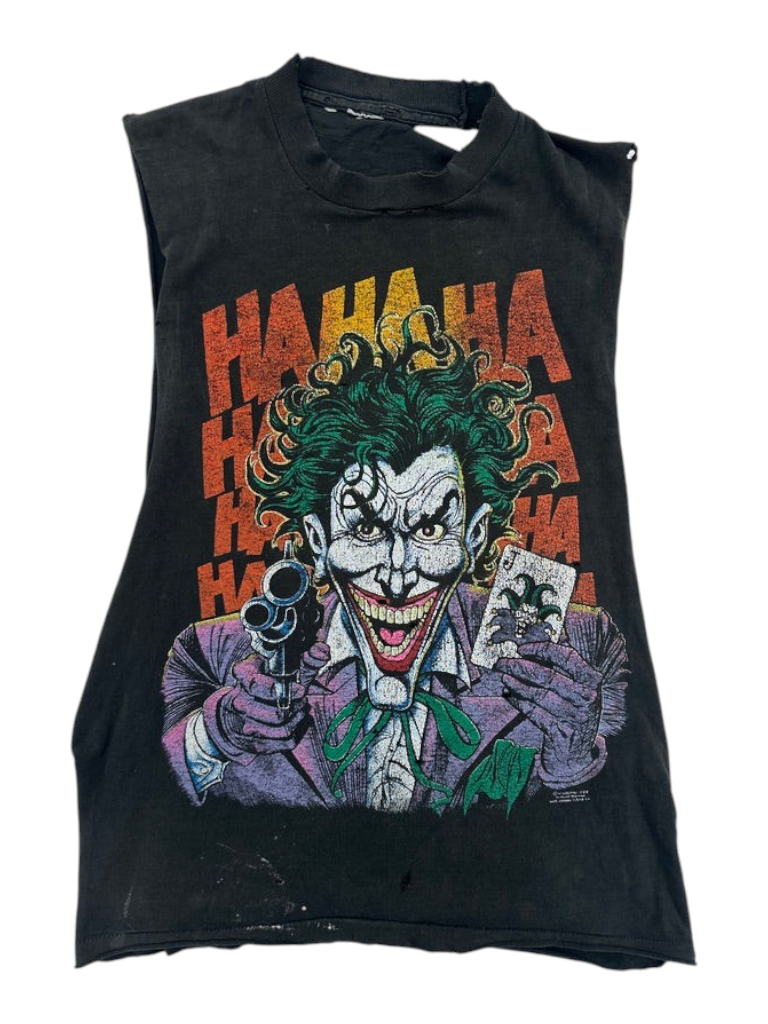 Exile Vintage black 1989 Joker graphic cut off t-shirt with distressed collar and hem