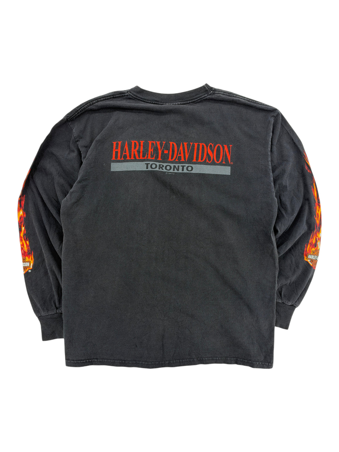 Exile Vintage 1990s black Harley Davidson long sleeve t-shirt with red Toronto logo and flame graphics on sleeves