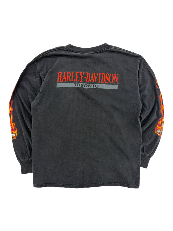 Exile Vintage 1990s black Harley Davidson long sleeve t-shirt with red Toronto logo and flame graphics on sleeves
