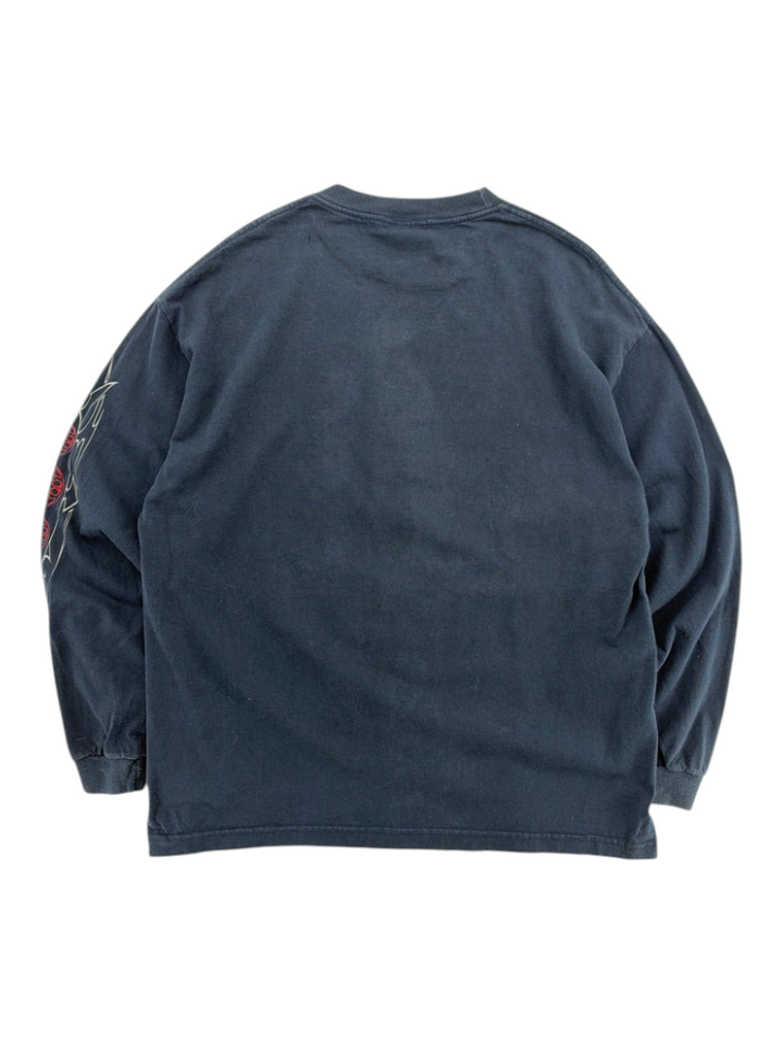 Exile Vintage 2000s Extreme Limit black long sleeve t-shirt with tribal sleeve graphics and red accents