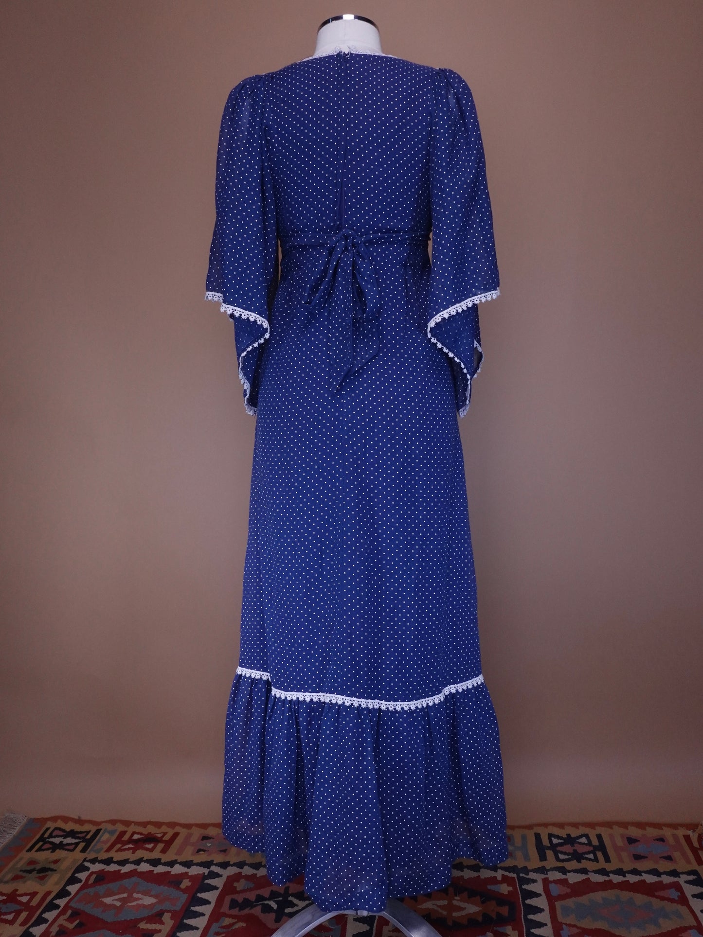 1970S - Lori Ann Navy Blue Swiss Dot Maxi Length Prairie Cotton Dress