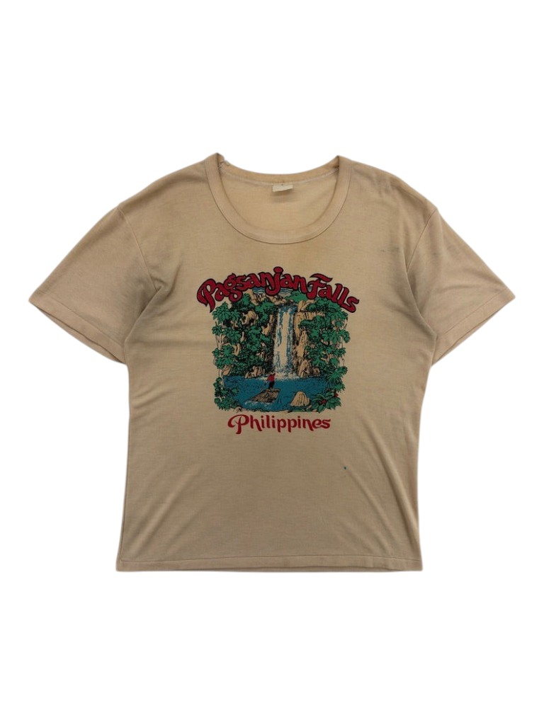 Exile Vintage 1970s beige graphic T-shirt featuring a Pagsanjan Falls Philippines print in size L