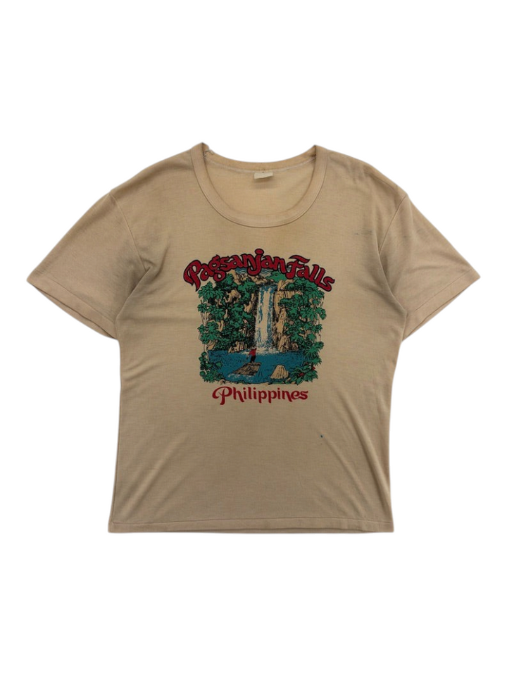 Exile Vintage 1970s beige graphic T-shirt featuring a Pagsanjan Falls Philippines print in size L