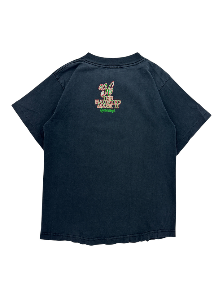 Exile Vintage 1990s black Goosebumps Haunted Mask II graphic t-shirt, back view showing the movie logo print.