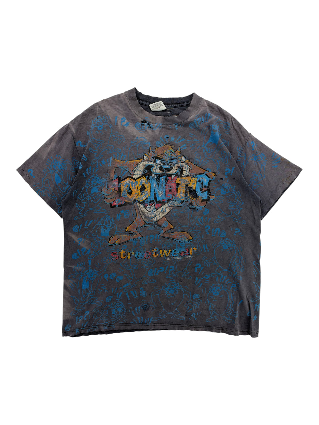 Exile Vintage 1990s distressed grey Taz Toonatic all-over print graphic t-shirt with blue doodle details