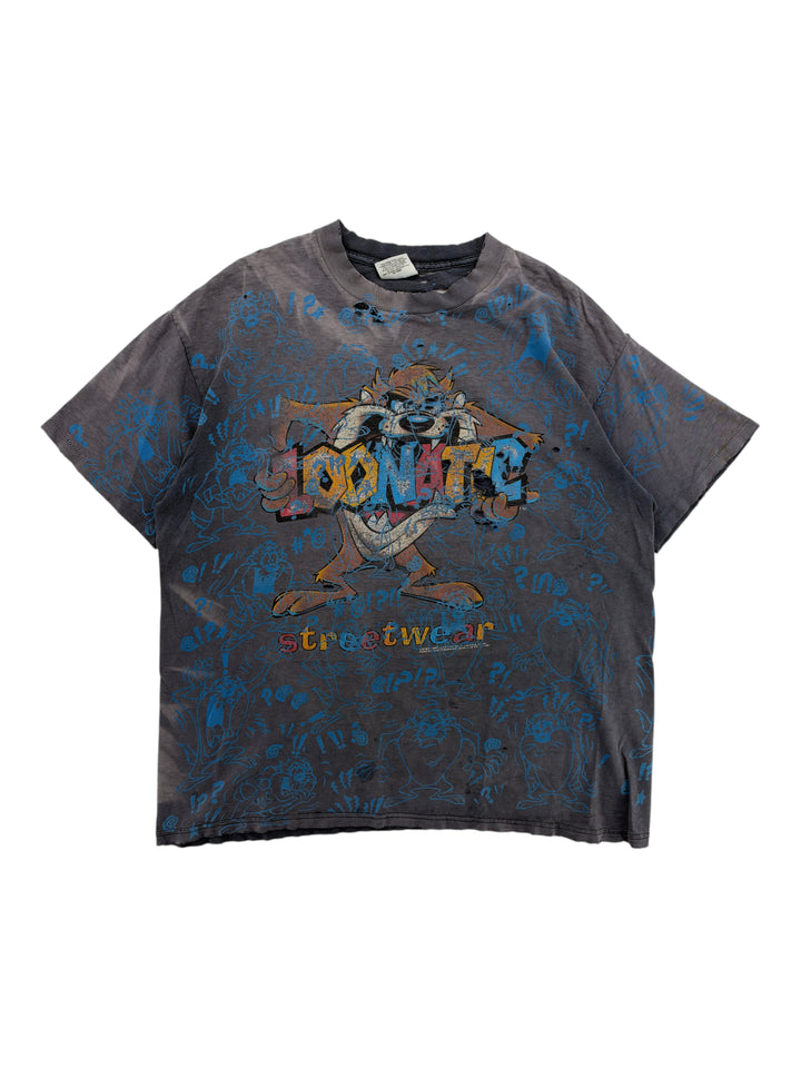 Exile Vintage 1990s distressed grey Taz Toonatic all-over print graphic t-shirt with blue doodle details
